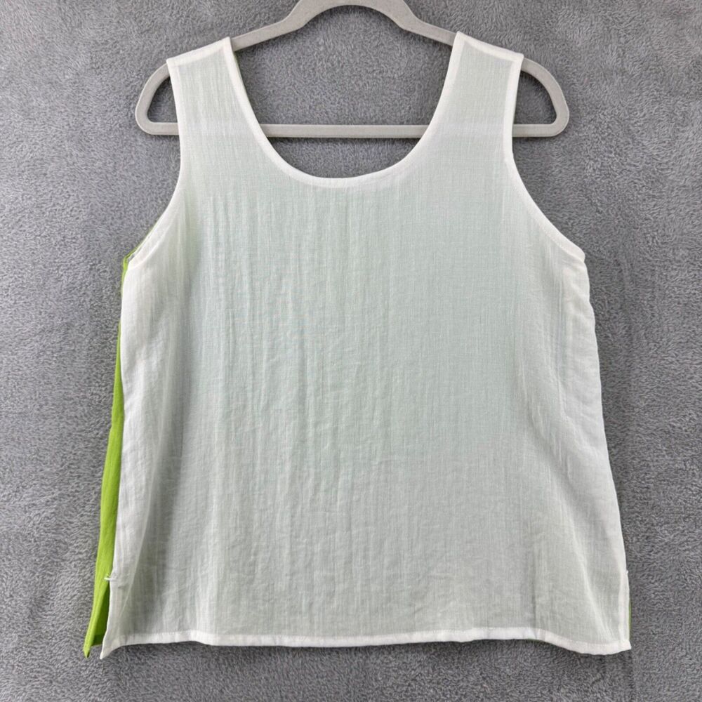 Fridaze Top Womens L Green White Colorblock Linen Scoop Neck Sleeveless Casual